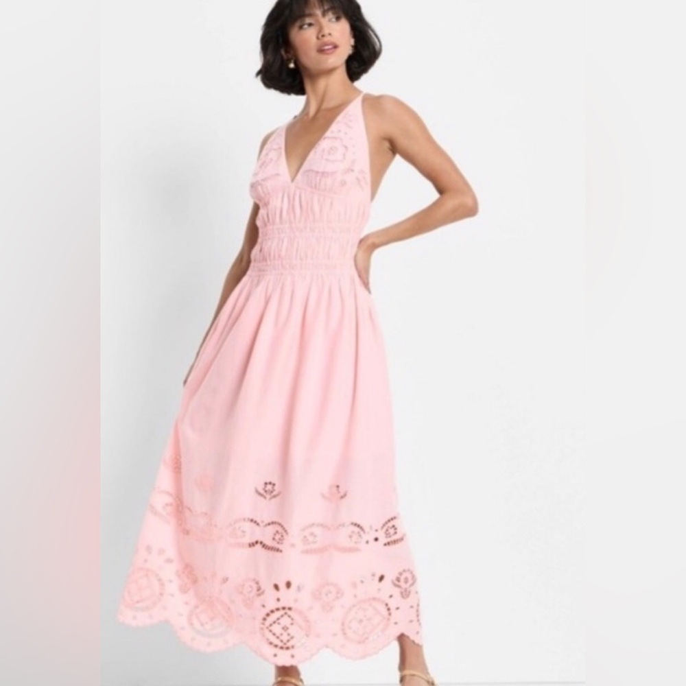 Women's Pink Eyelet Maxi Dress - Sleeveless V-Neck